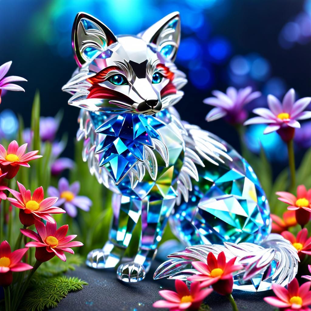 Crystal Fox with Sparkling Flowers, Digital Art