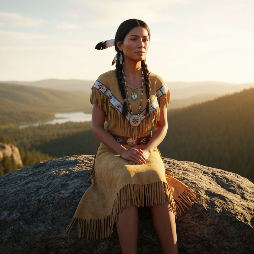 A young Native American girl with long, flowing black hair a...