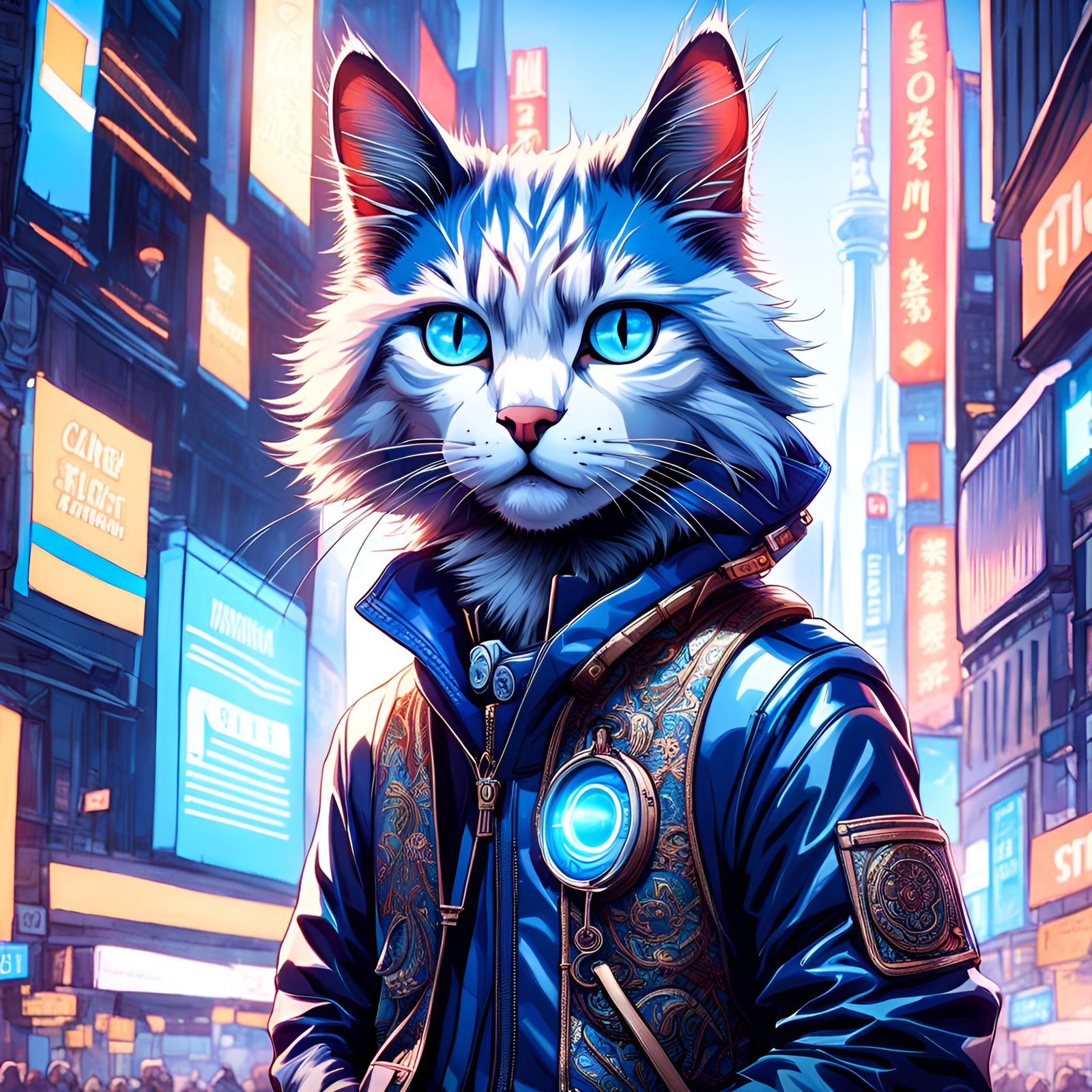 Anthro Cat in Luminous City, Detailed Portrait