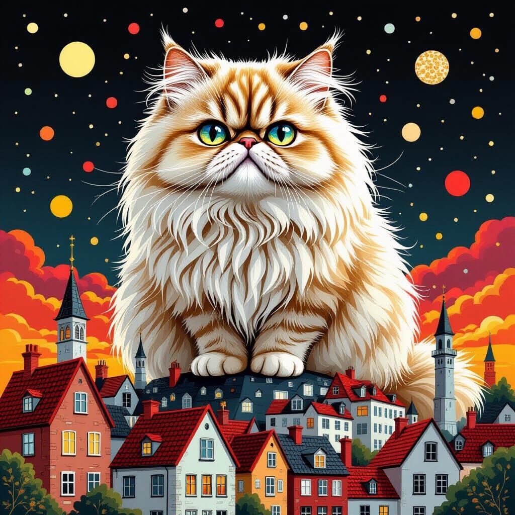 Giant Persian Cat Over Fantasy Cityscape