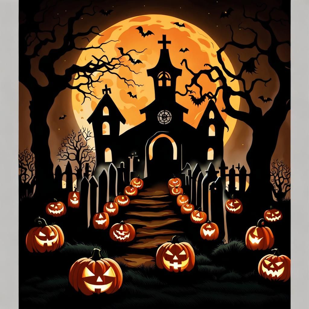 Spooky Graveyard with Jack-o-Lanterns and Full Moon