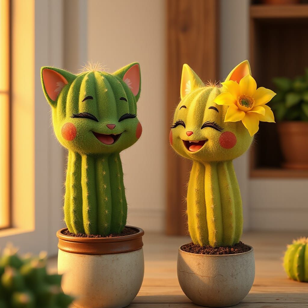 Cute Anthropomorphic Cacti Couple in 3D Anime Style