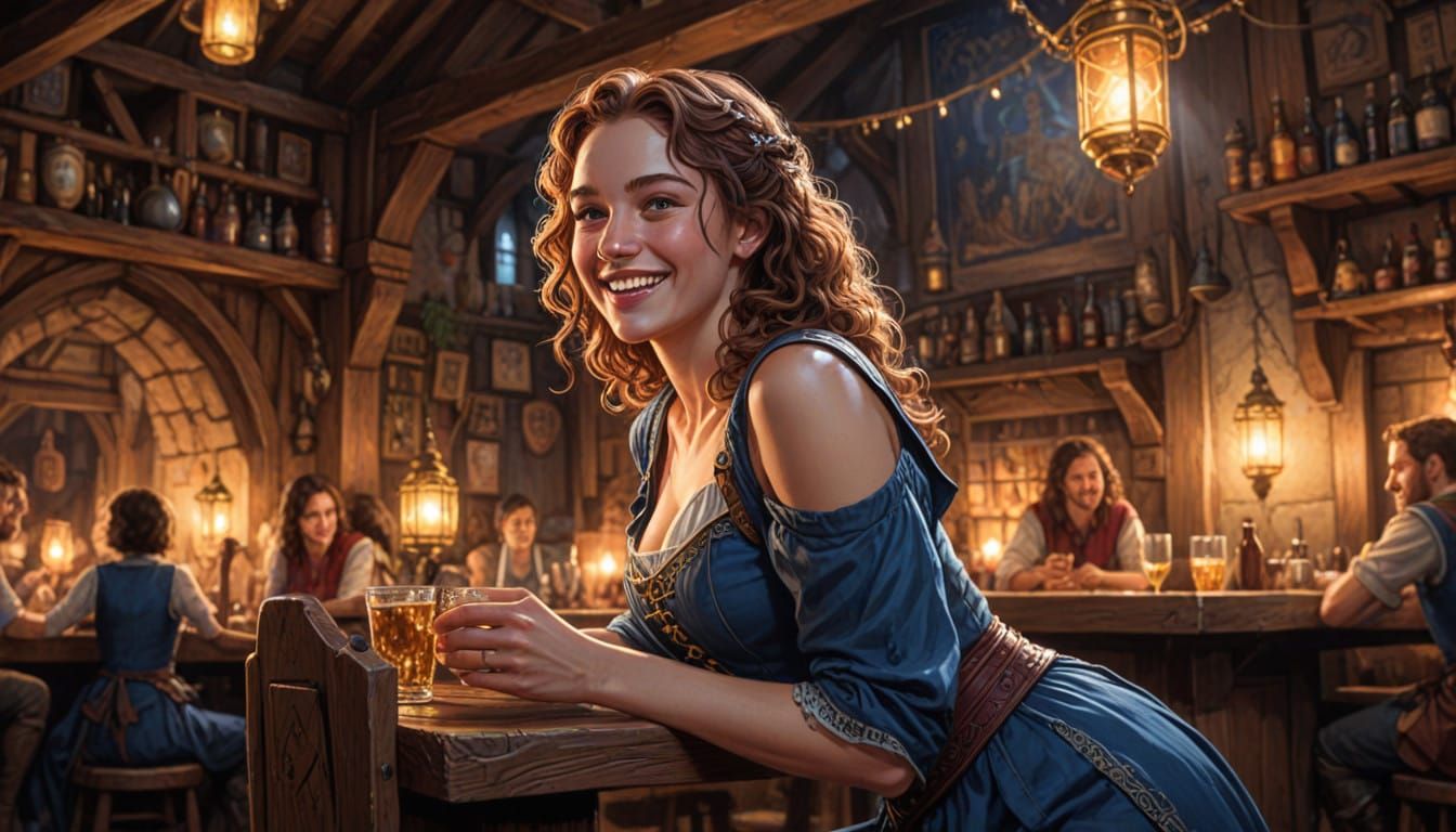Royal Blue Maiden in a Whimsical Tavern Scene