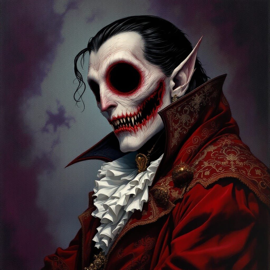 Elegant Vampire in Ornate Baroque Attire with Fractal Patter...