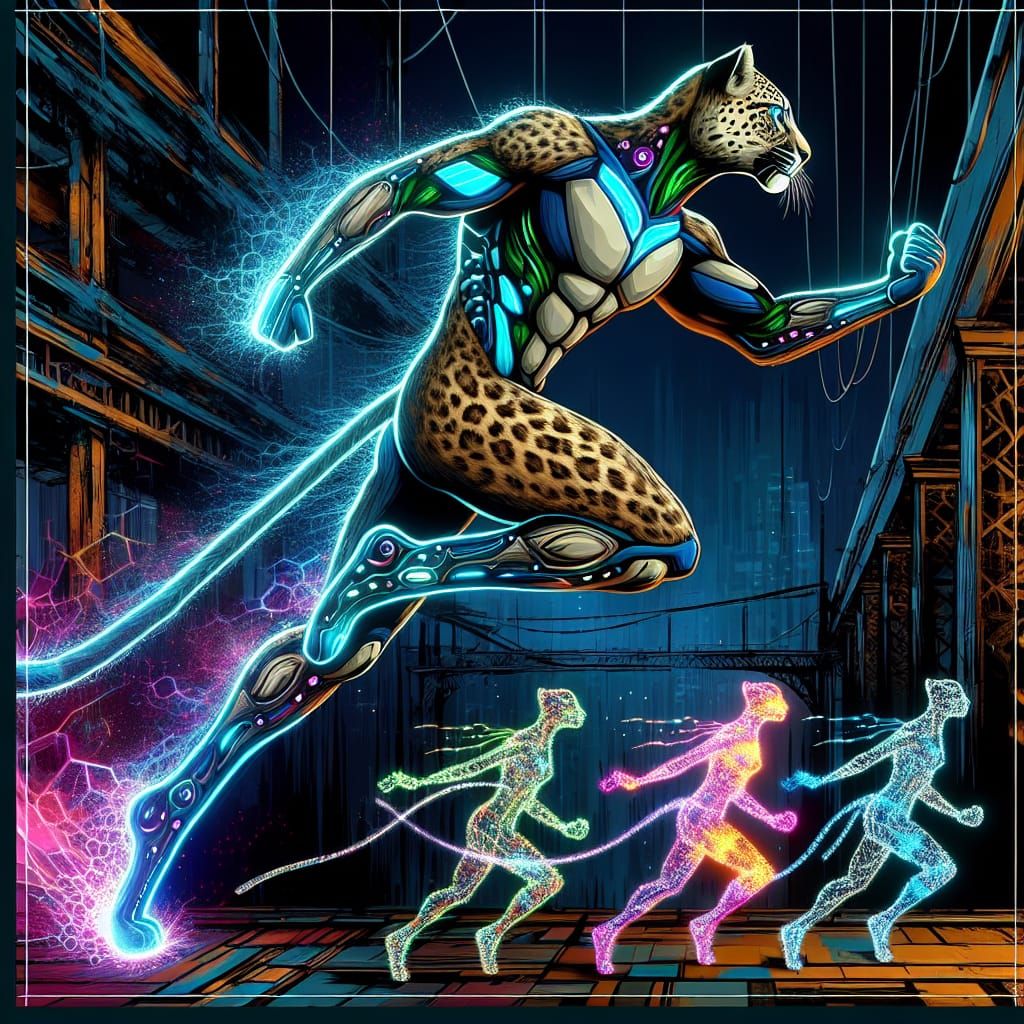 Cyber Leopard Unleashes Heroic Fury in Neon-Lit Metropolis