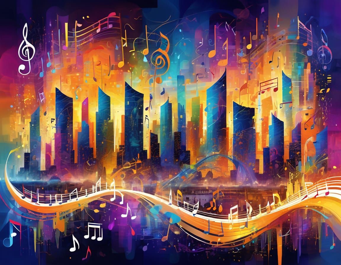 Vibrant Abstract Cityscape of Musical Notes