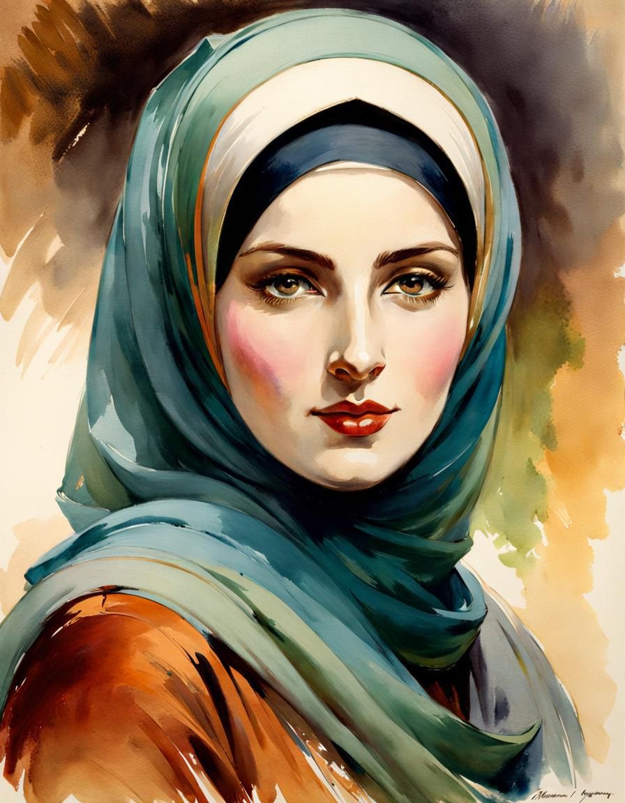 Beautiful Hijabi Woman Portrait in Watercolor Style