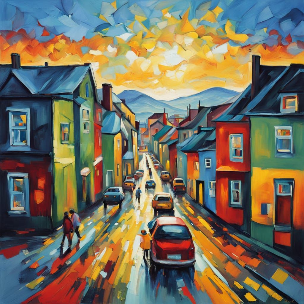 Vibrant Reykjavik Street Scene in Neo-Impressionist Style