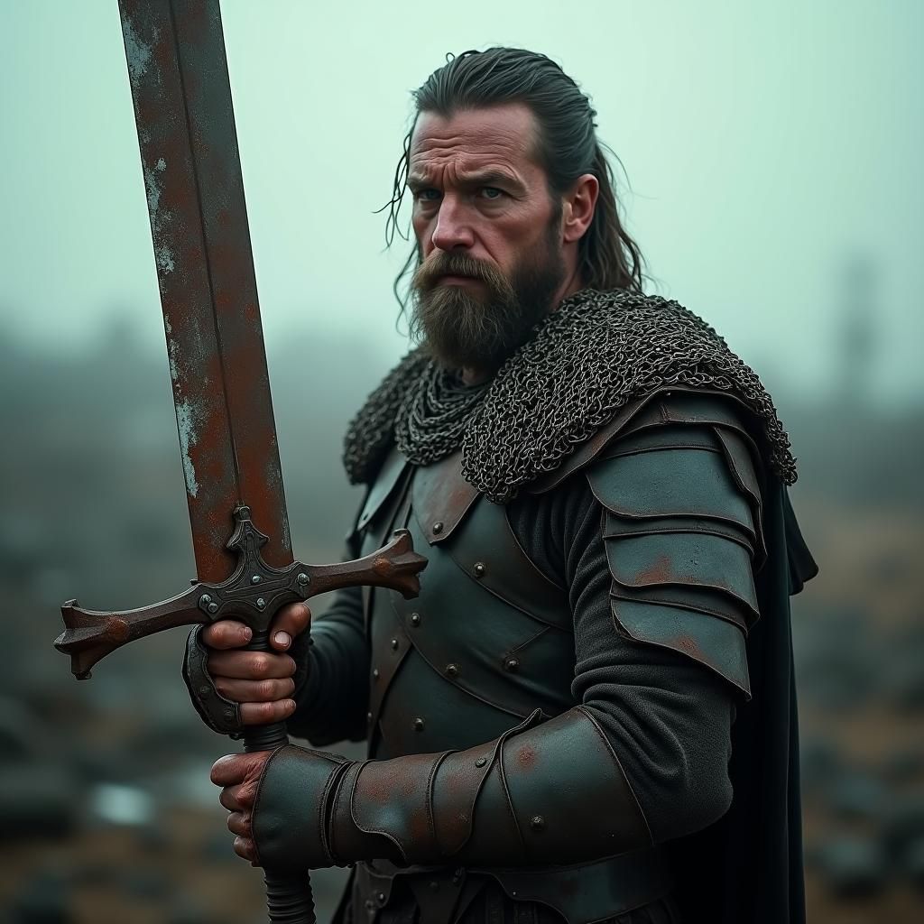 Battle-Hardened Warrior with Great Sword in War-Torn Landsca...