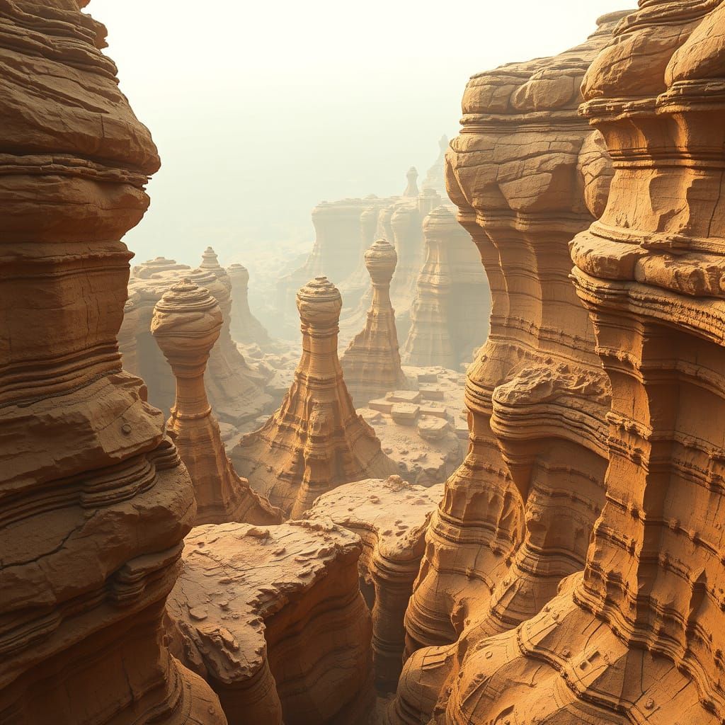 Eroded Sandstone Formations in Dreamlike Golden Landscape