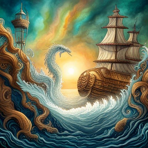 Magical Submarine Attacked by Kraken, Ink Splash Art