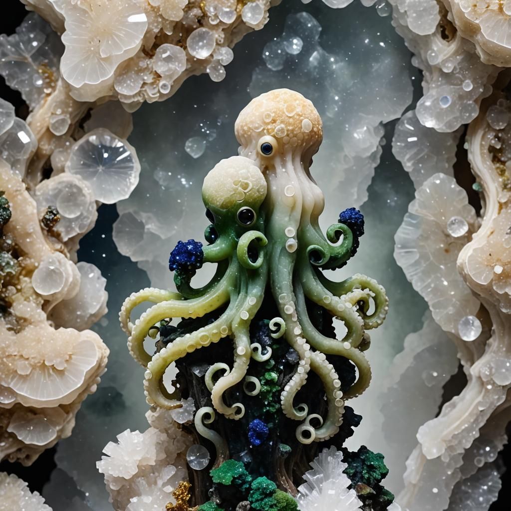 Mycelium Octopus Sculpture of Tourmaline and Azurite