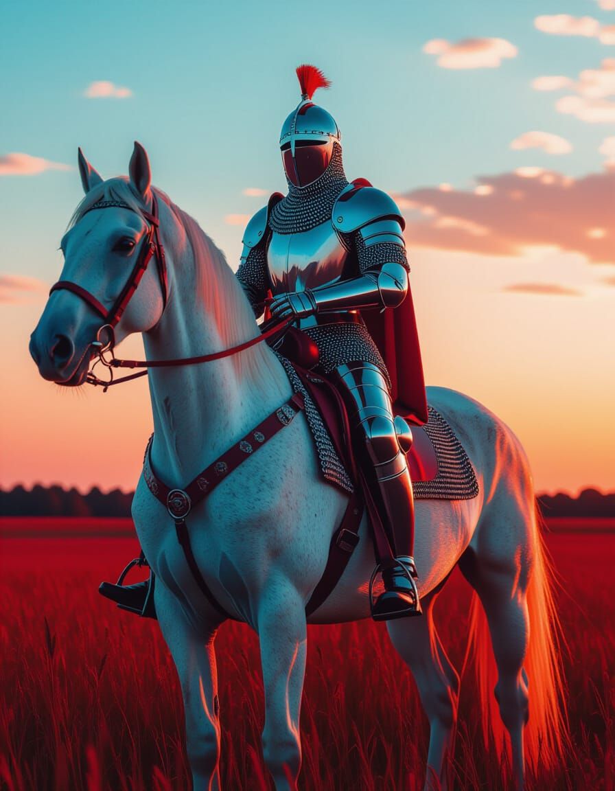 Model on White Horse in Surreal Style