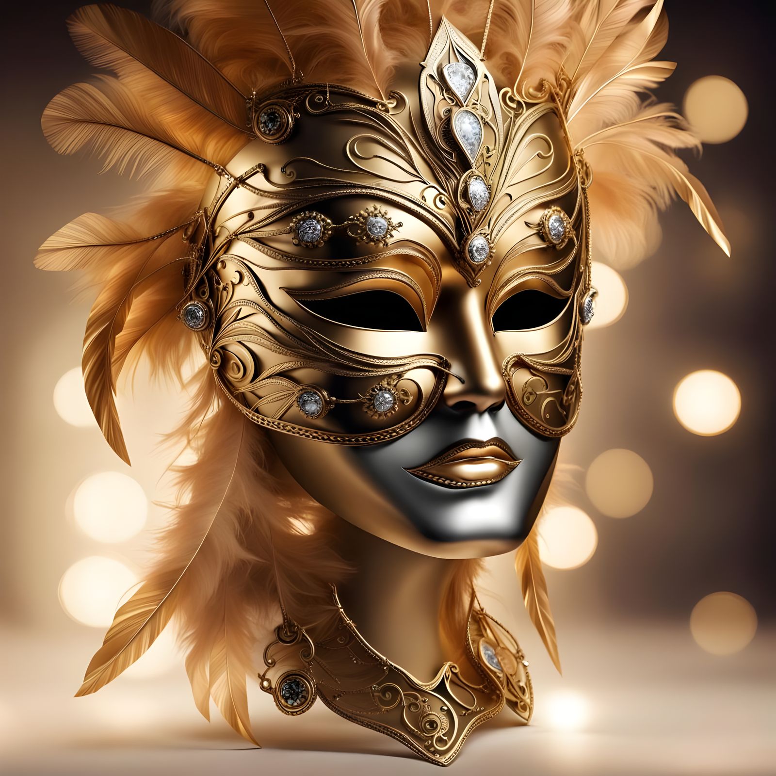 Ornate Golden Mask with Feathers and Diamonds