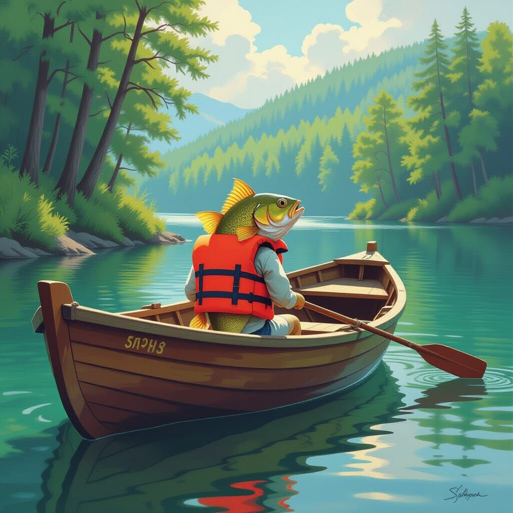 Fish in Vintage Boat on Serene Riverbank