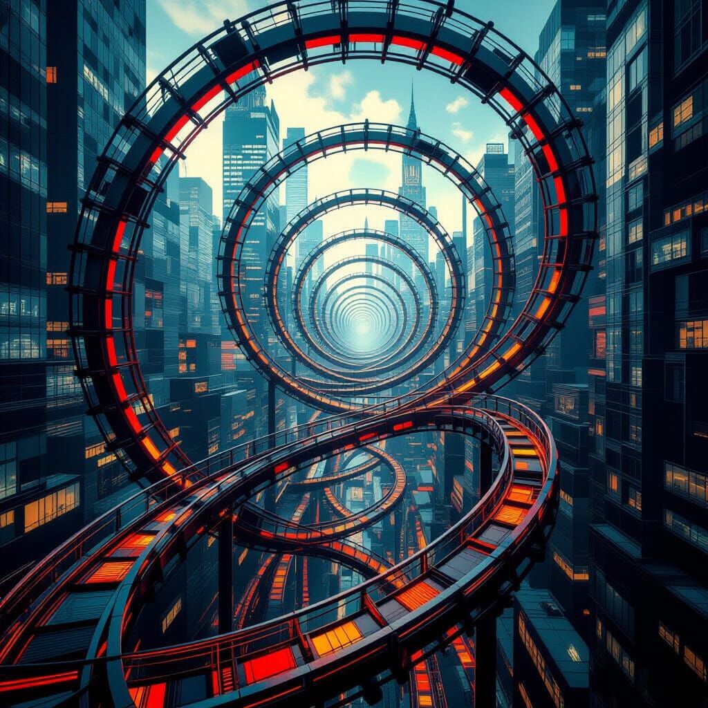 vertigo-inspired scene with  impossible loops and twisted metal spirals, distorted urban geometry
