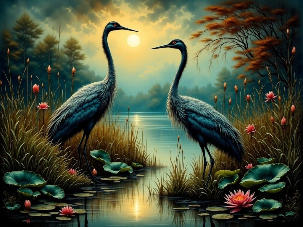 Elegant Cranes in Whimsical Watercolor Landscape