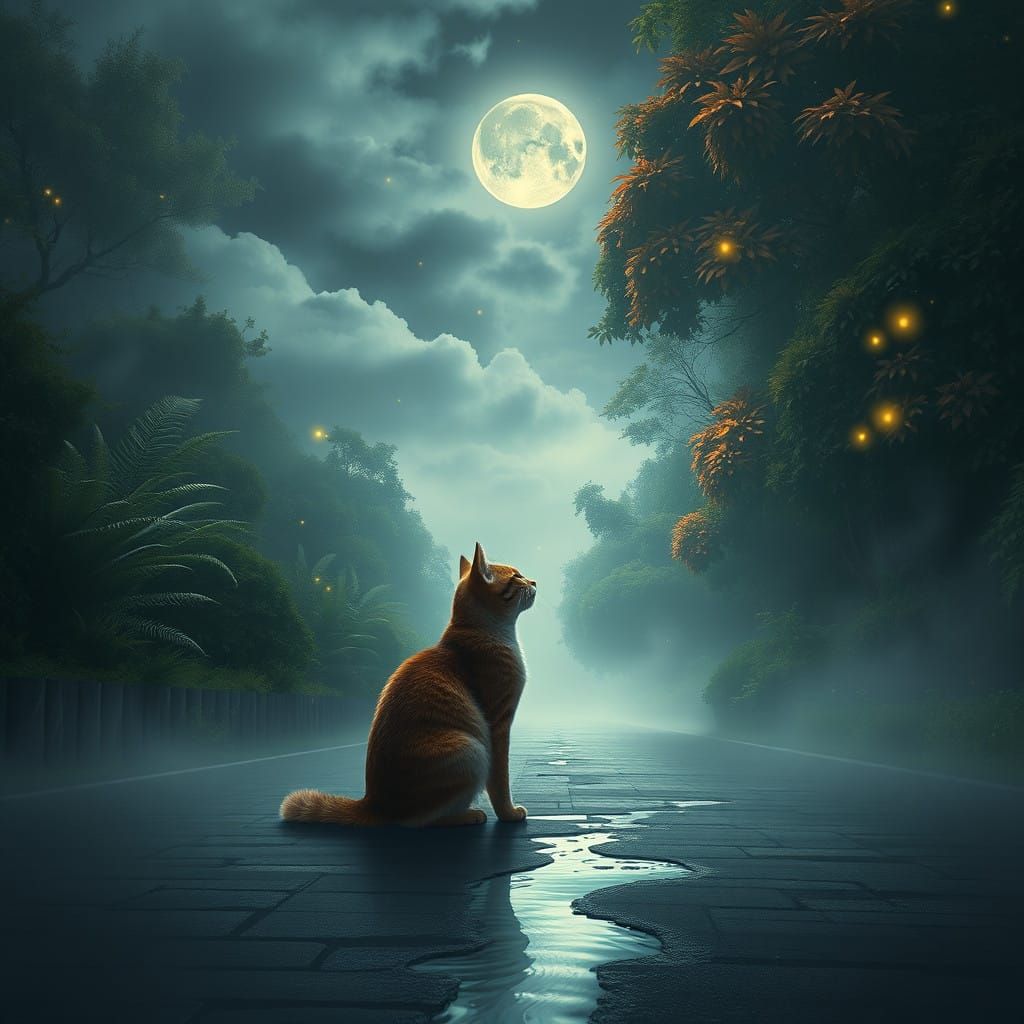 Whiskered Cat Under Moonlit Skies in a Fantastical Landscape