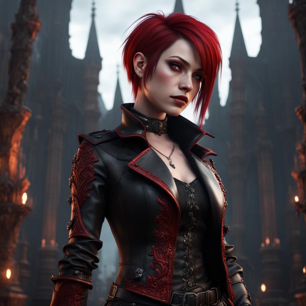 Gothic Girl with Red and Black Hair in 8k