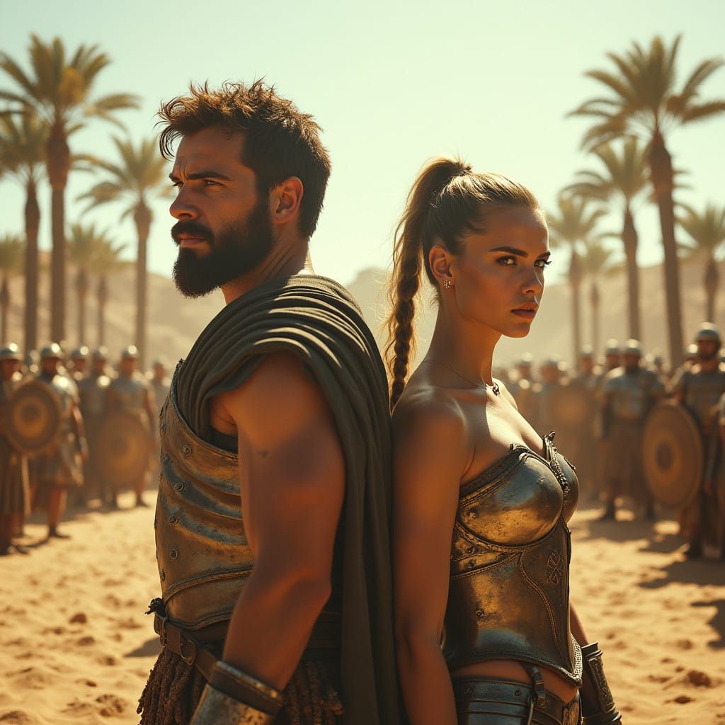 Courageous Warriors Stand Back-to-Back in Ancient Desert Are...