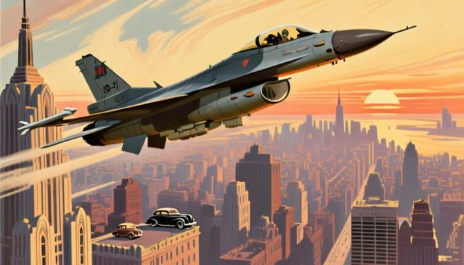 F-16 Over Art Deco NYC, 1940s Style