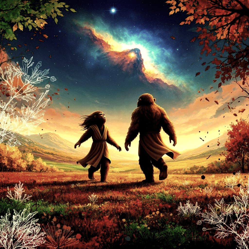 Sasquatch Couple Frolic on Alien Planet in Matte Painting