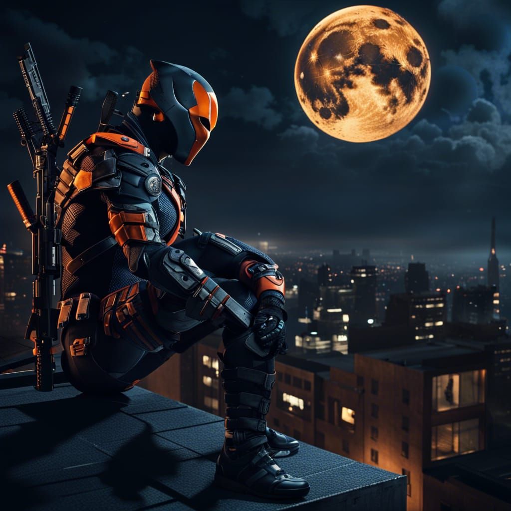 Deathstroke on Rooftop Under Full Moon: Digital Painting