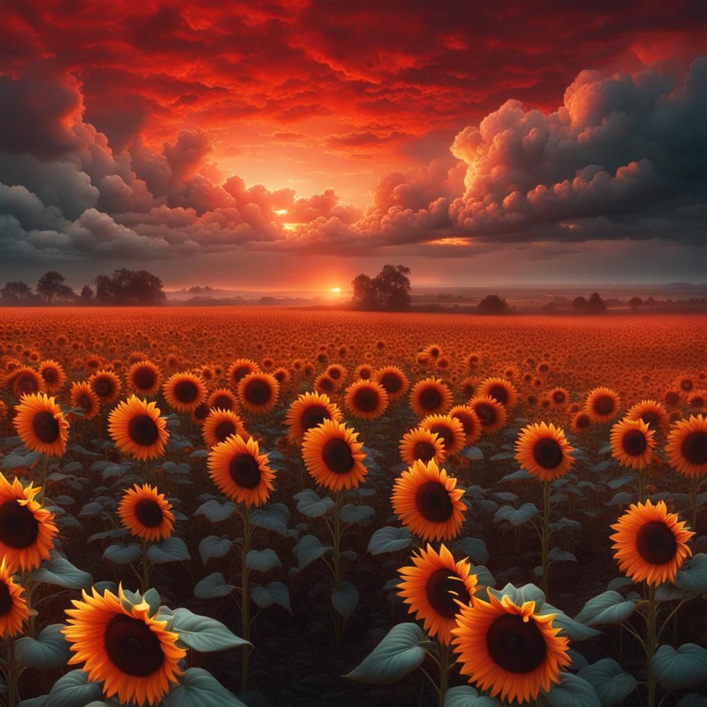 Sunflower Fields Under Fire Red Skies
