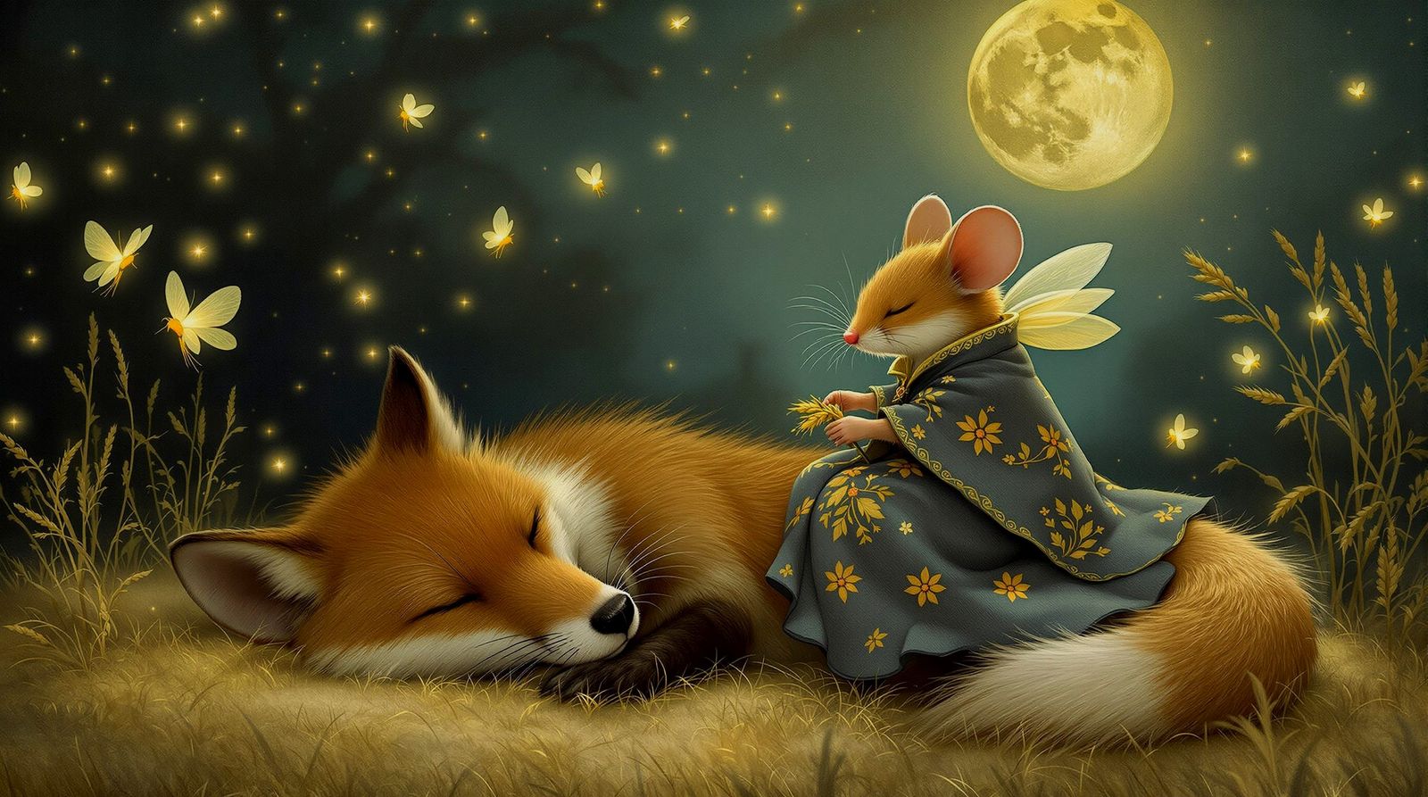 Mouse on Fox in Moonlit Farmyard