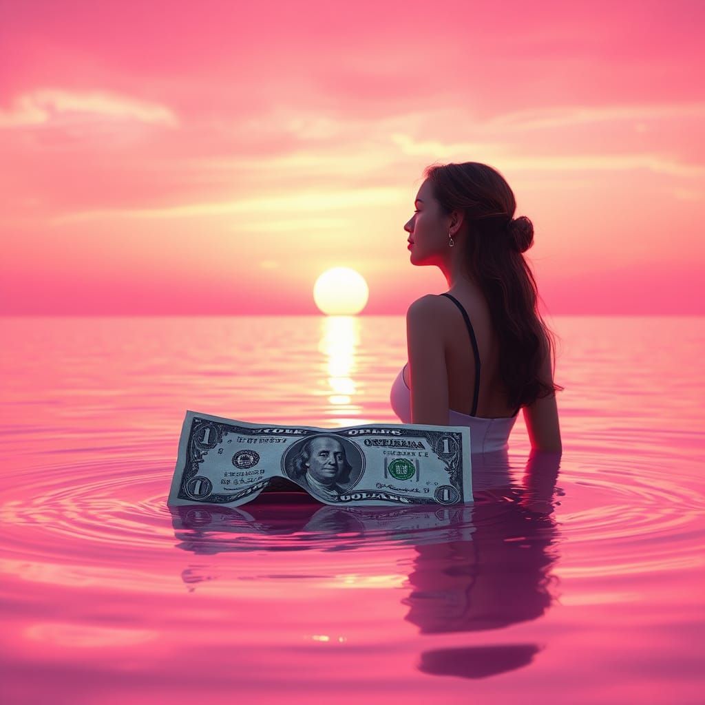 Woman at Pink Sea Sunset: Hyperrealistic Digital Art