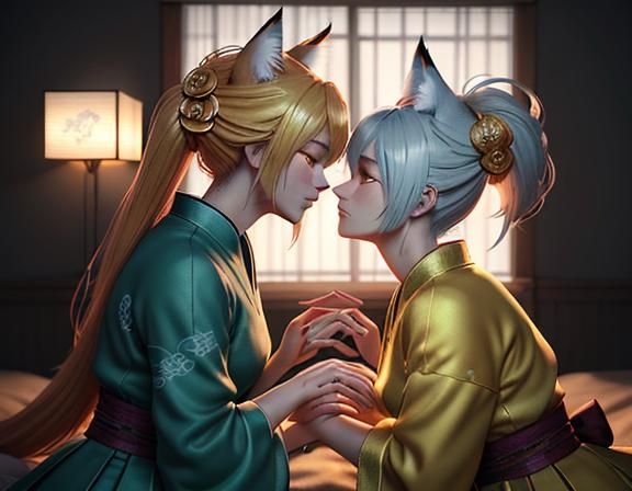 Kitsune Romance: Manga-Style 3D Game Scene