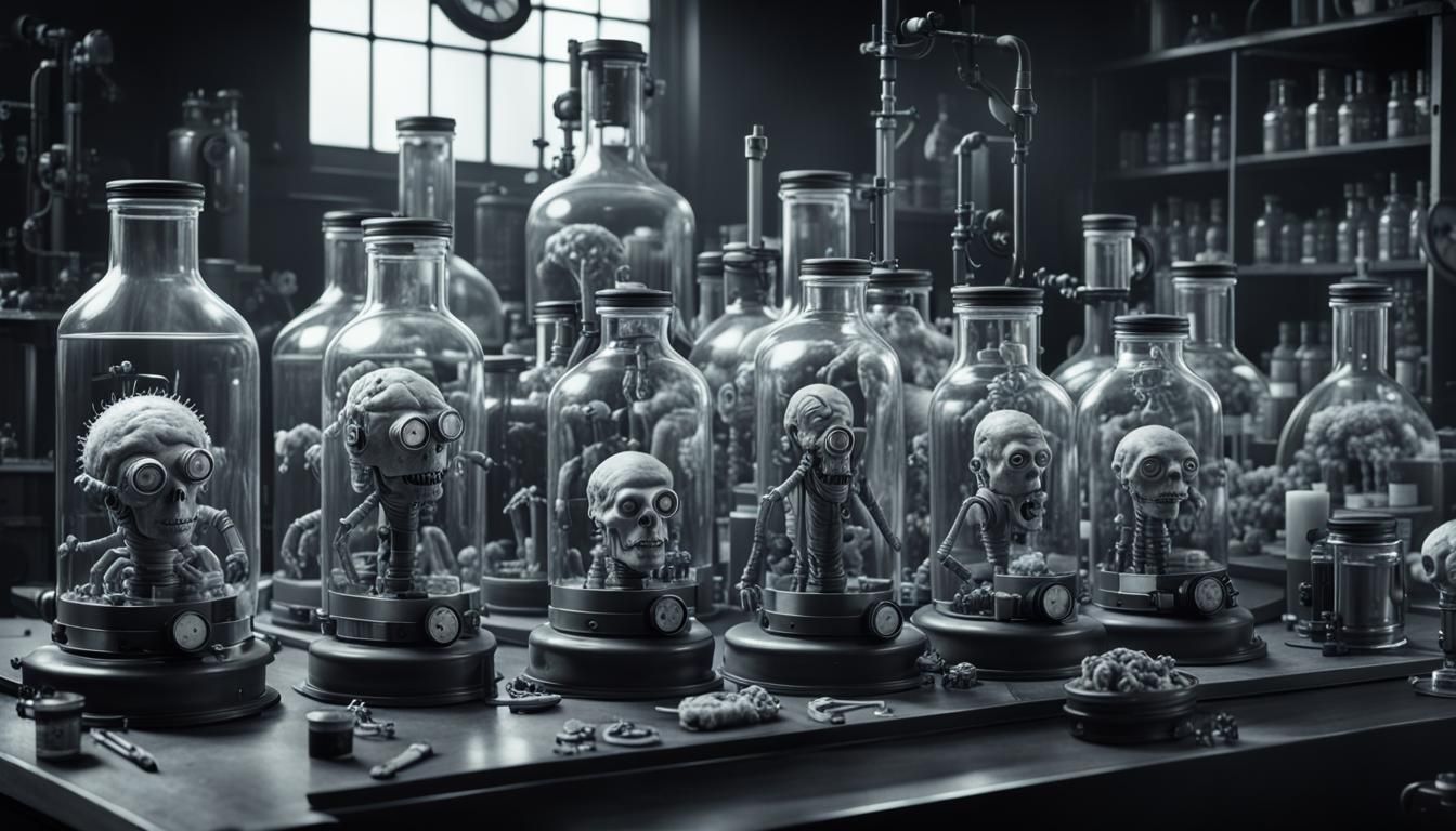 Mad Scientist Jars in Steampunk Lab: 8K Photo