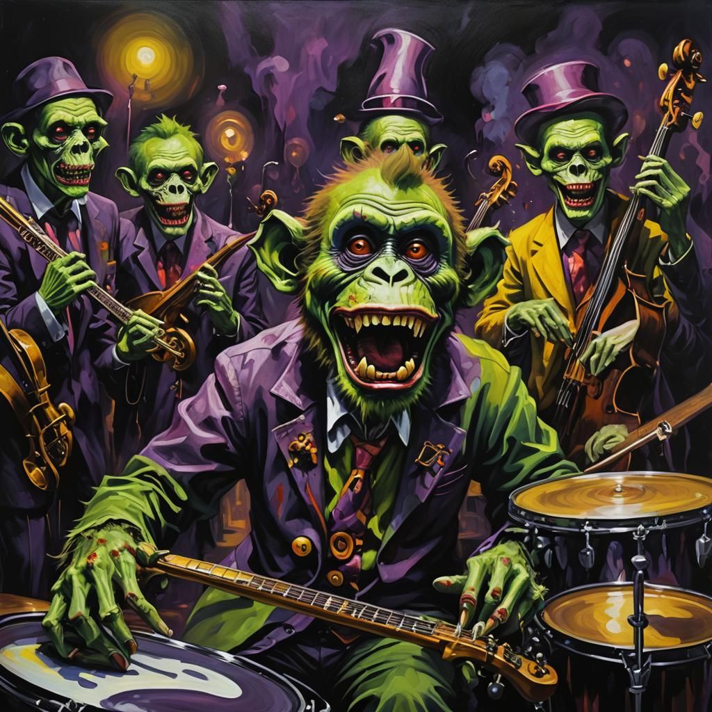 Zombie Monkey Monster Clown Jazz Band in Surrealist Oil