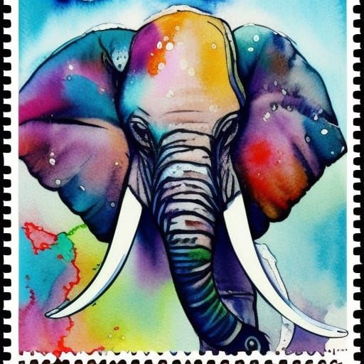 Majestic Elephant on a Postage Stamp Watercolor