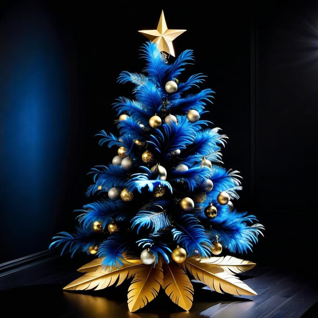 Blue and Gold Feather Christmas Tree on Black