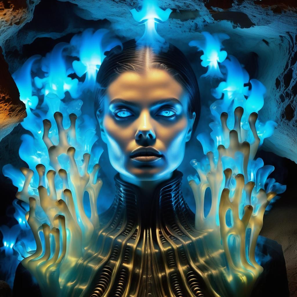 Bioluminescent Woman with Glowing Eyes in Giger Style