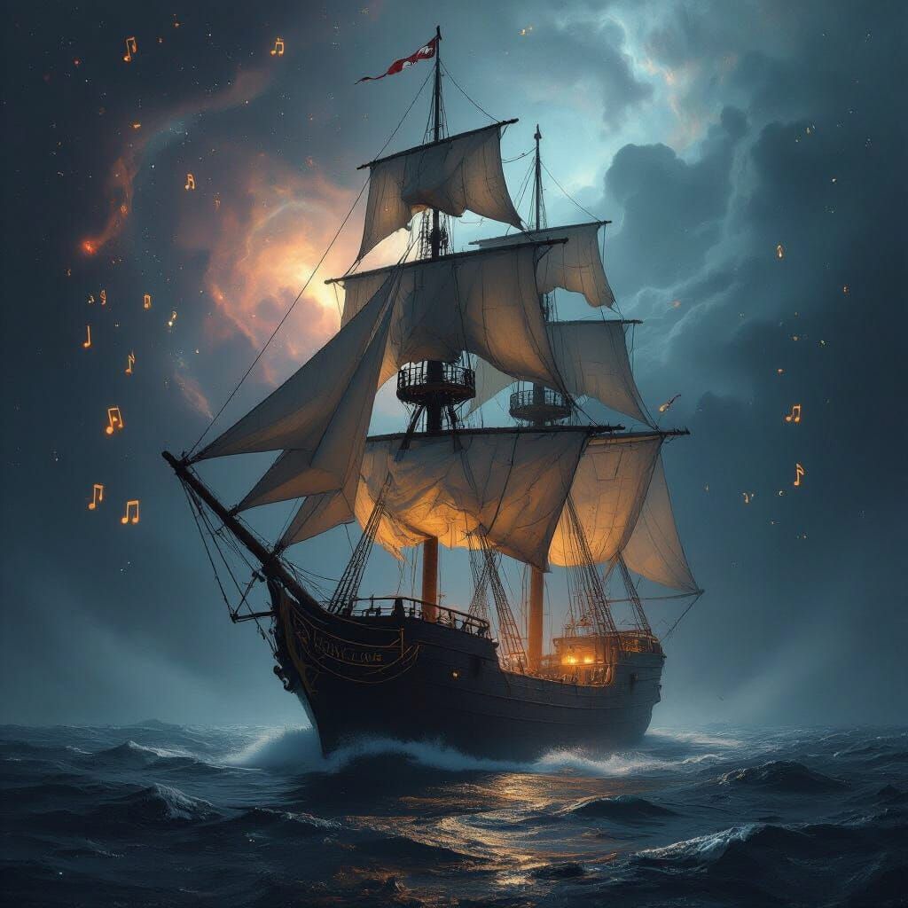 Sailing Ship Through Nebula of Melodies in Matte Painting St...