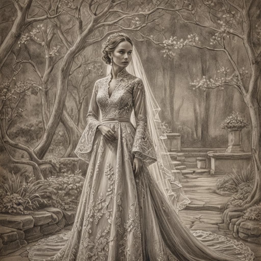Hyperdetailed Charcoal Sketch of Wedding Dress