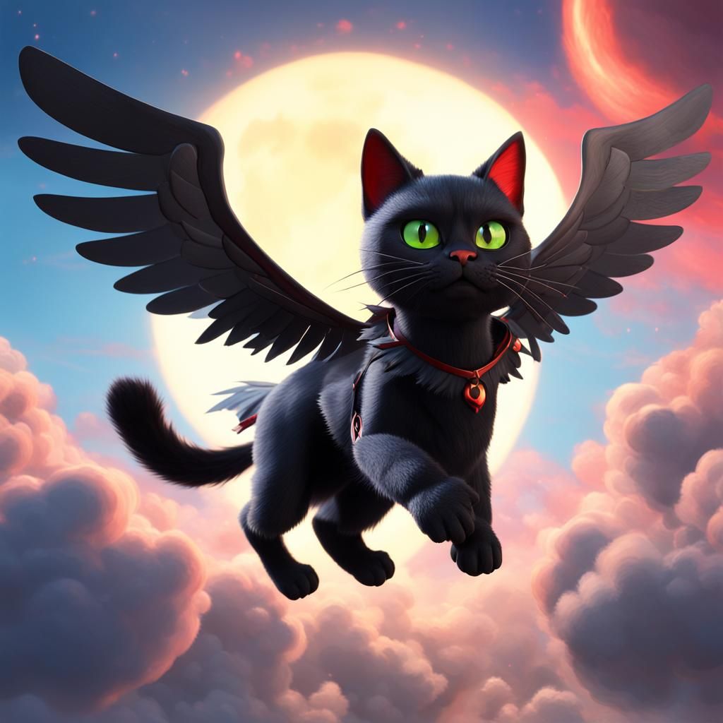 Red Eyed Black Cat Soaring Through Clouds