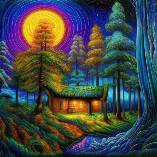 Magical Forest Cabin Under Starry Moonlit Sky