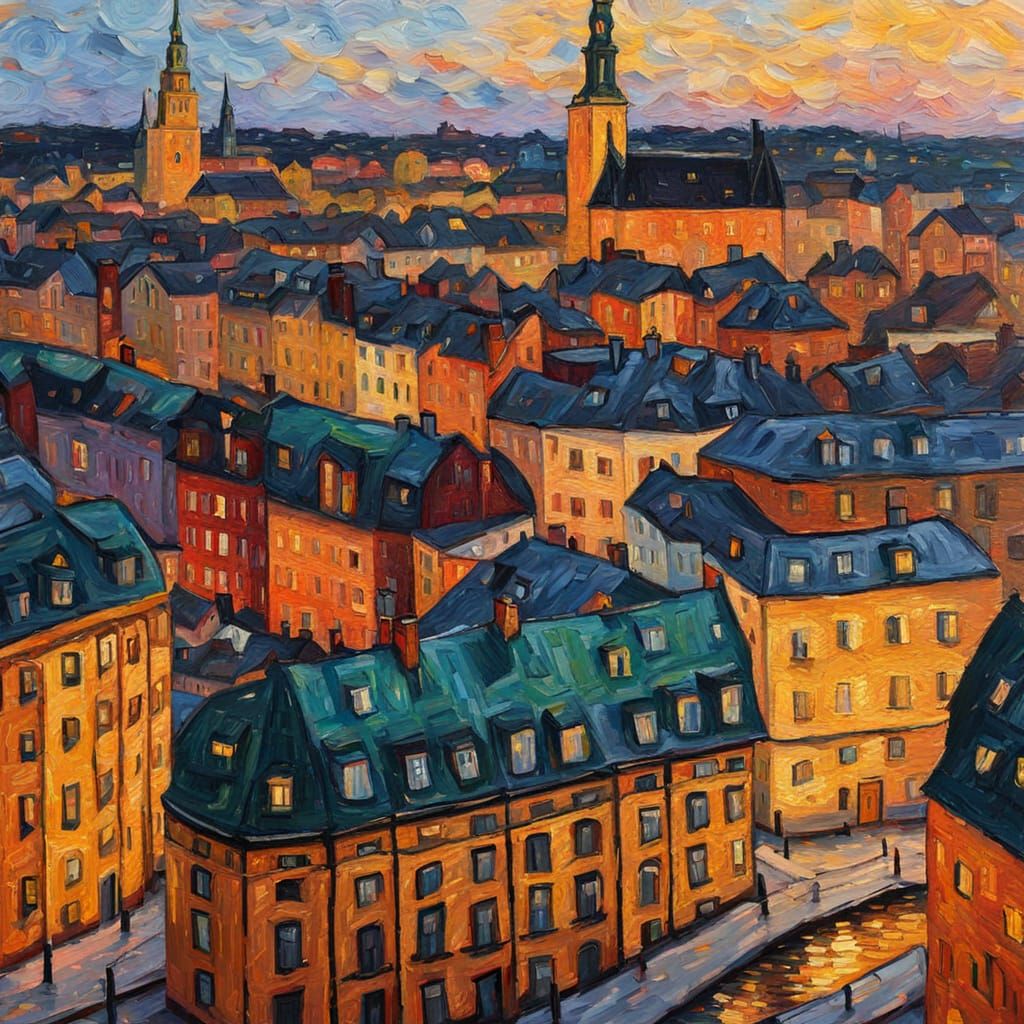 Stockholm Cityscape in Expressionist Oil Painting Style