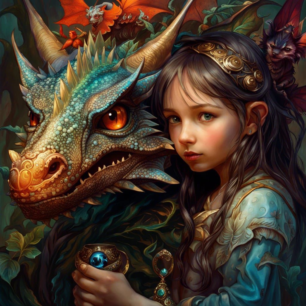 Girl with a Majestic Dragon in Whimsical Fantasy Art