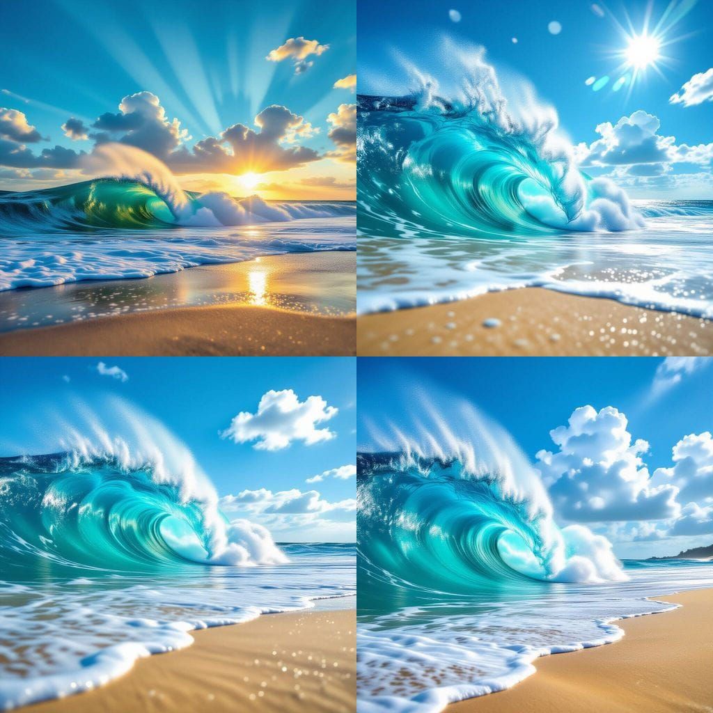 Massive Wave Crashes on Golden Beach Under Turquoise Sky