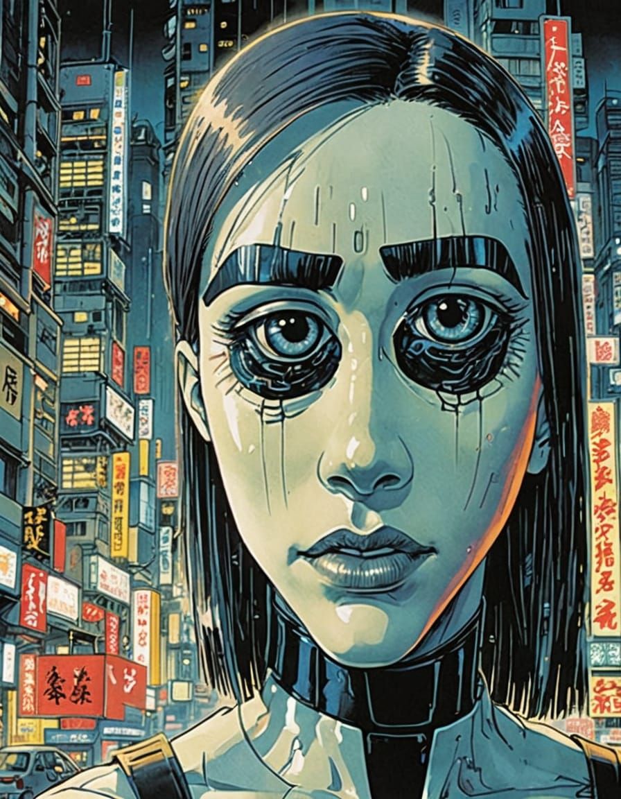 Serious Asian Schoolgirl in Cyberpunk Cityscape