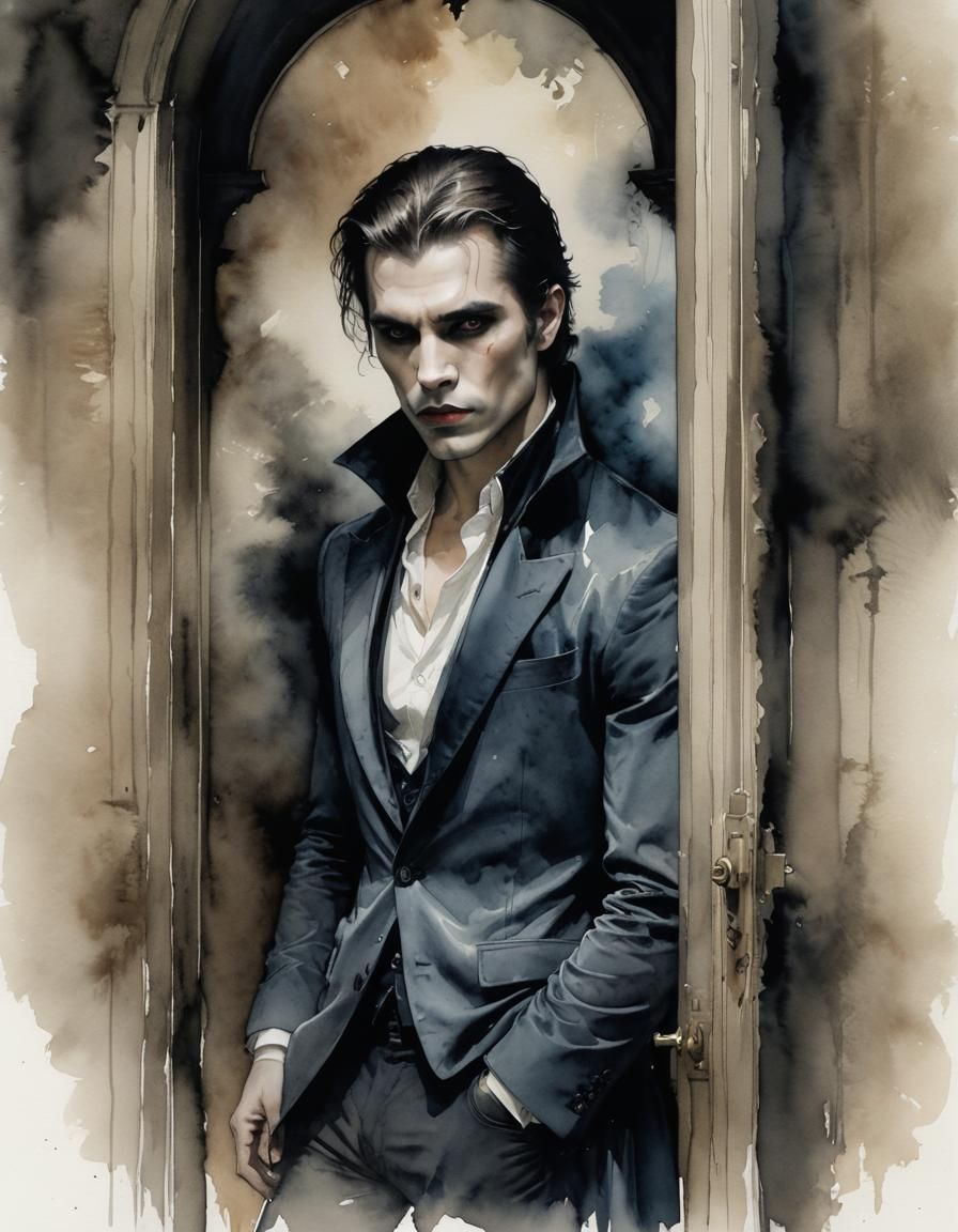 Vampire in Doorway: Watercolor Portrait