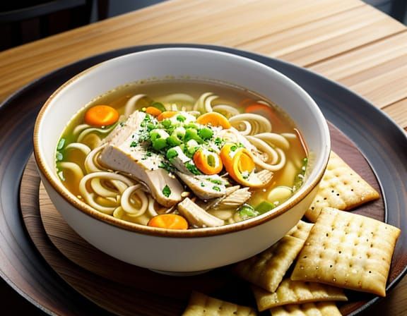 Steaming Chicken Noodle Soup With Crackers