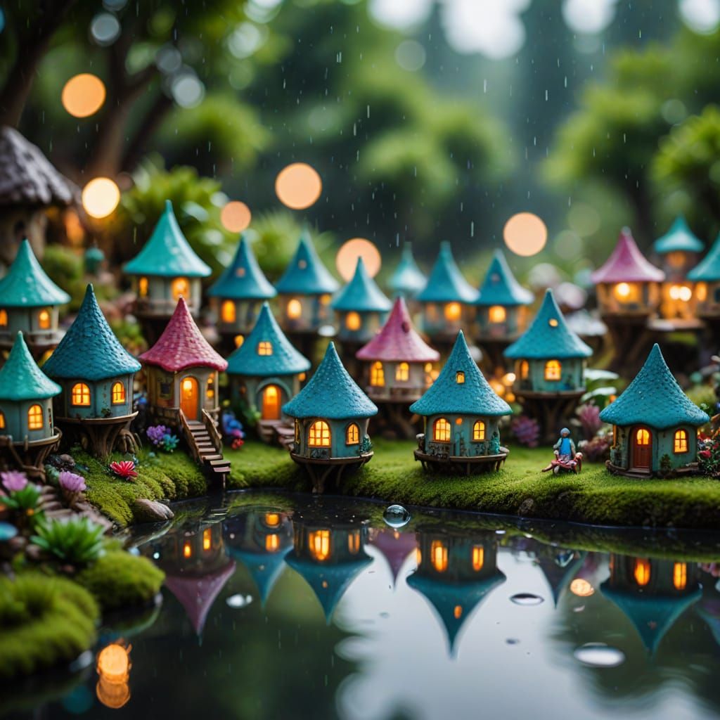 Miniature Mermaid Village in Raindrop: Photography