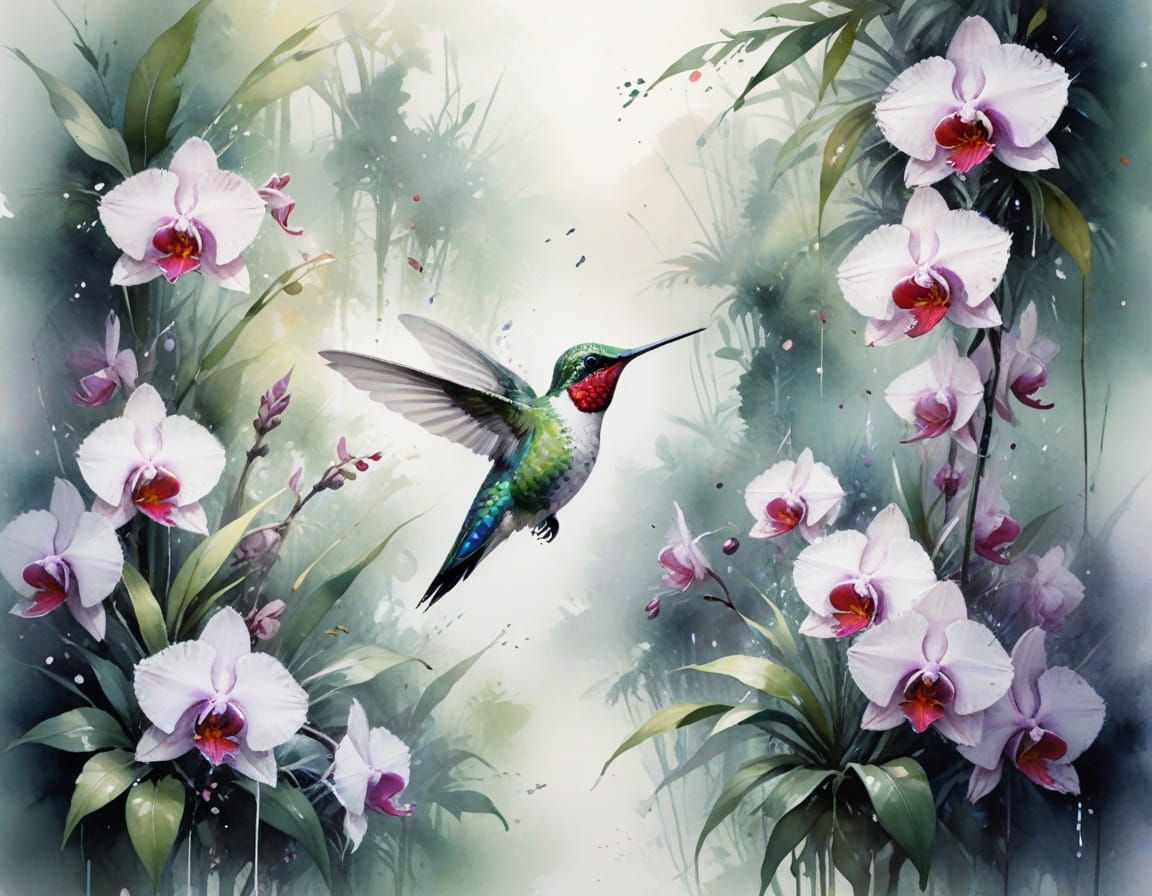 Hummingbird Among Tropical Orchids: Watercolour Painting