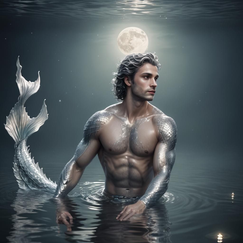 Merman in Moonlit Pond: Hyperrealistic Digital Art