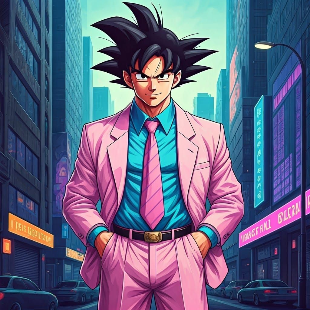 Goku Channels Rick Astley in Manga-Inspired Cityscape